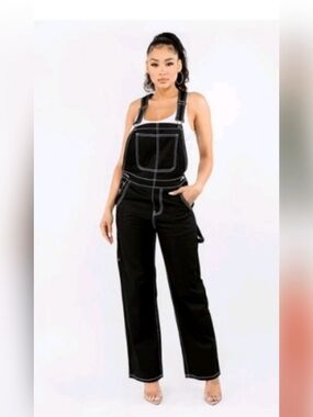 American Bazi Black Contrast-Stitch Denim Overalls Size Medium